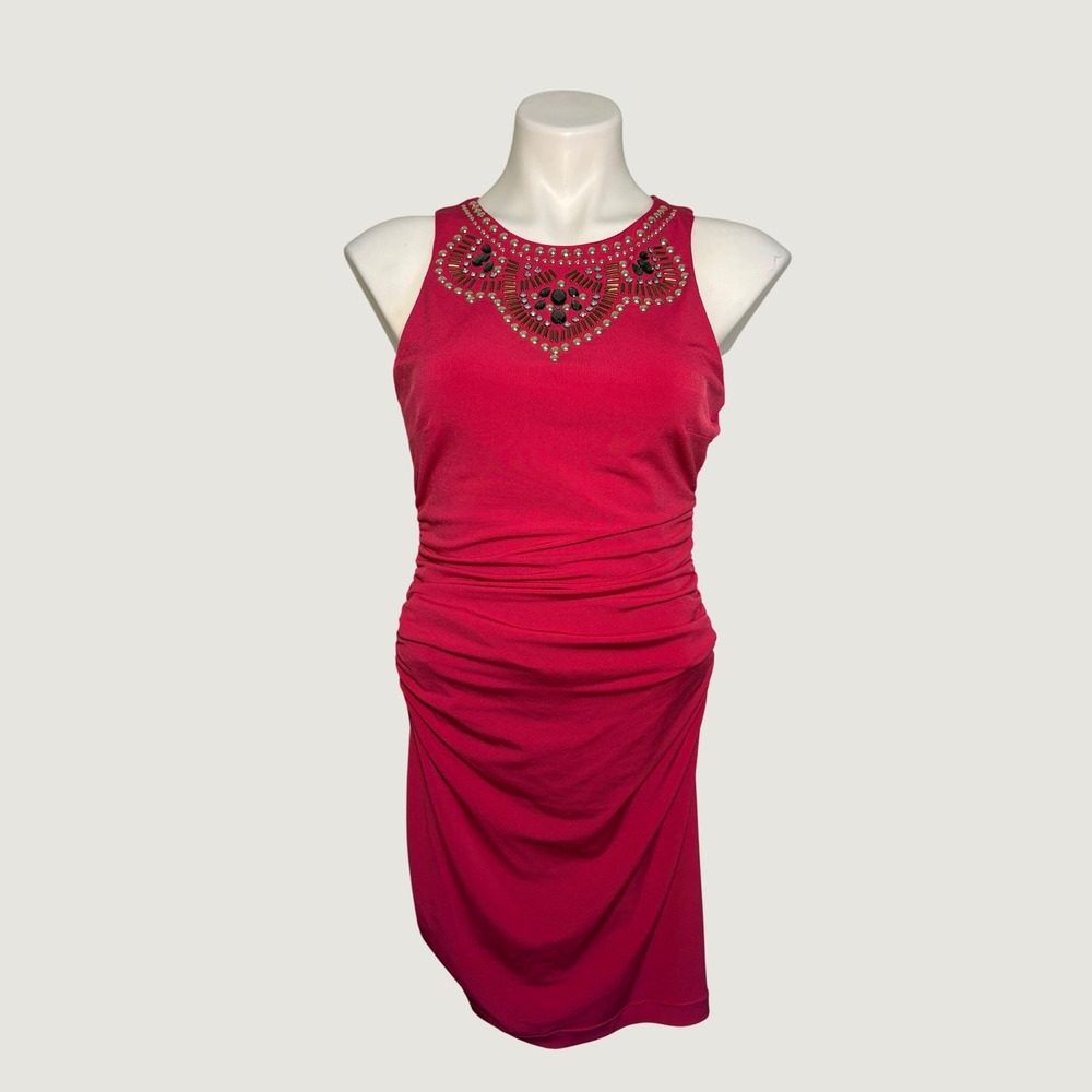 Y2K Thalia Sodi Pink Beaded Neck Ruched Bodycon Dress Sleeveless Fuchsia #15